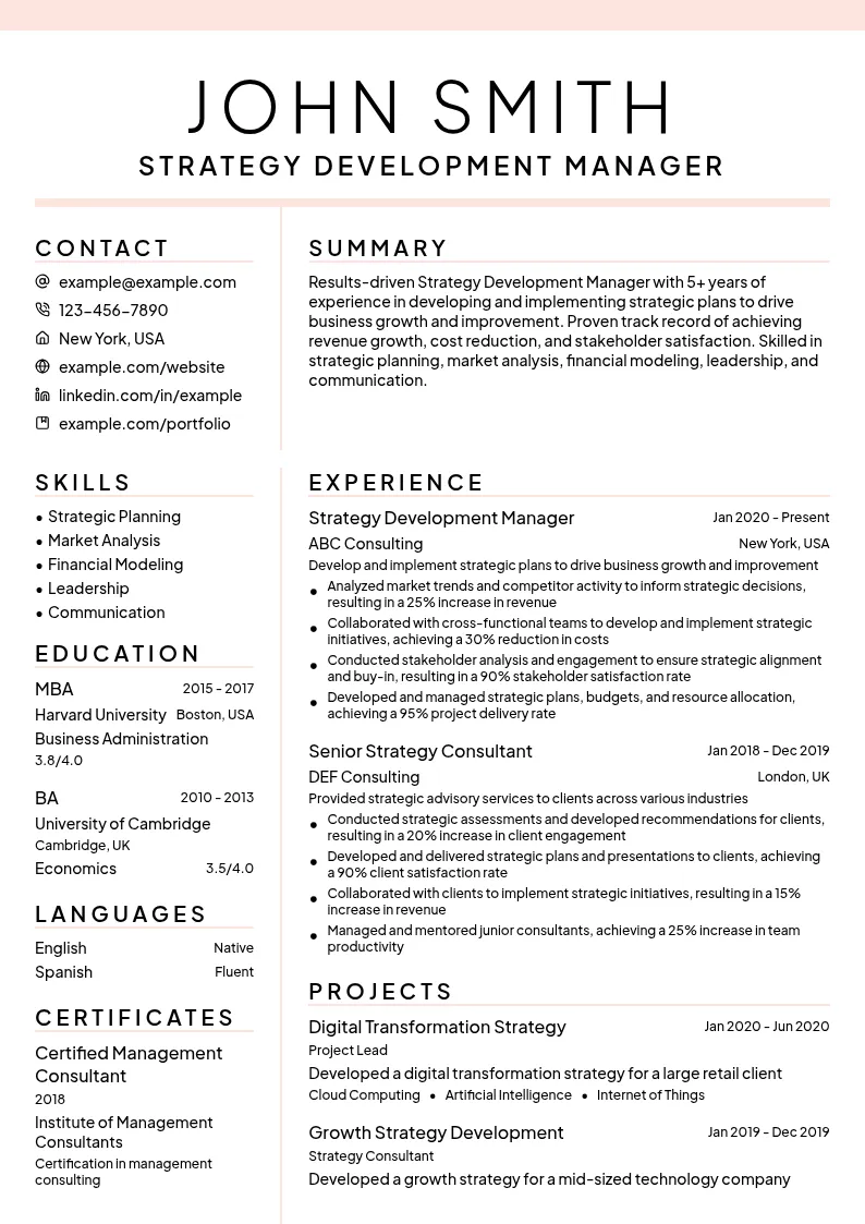 Strategy Development Manager resume example