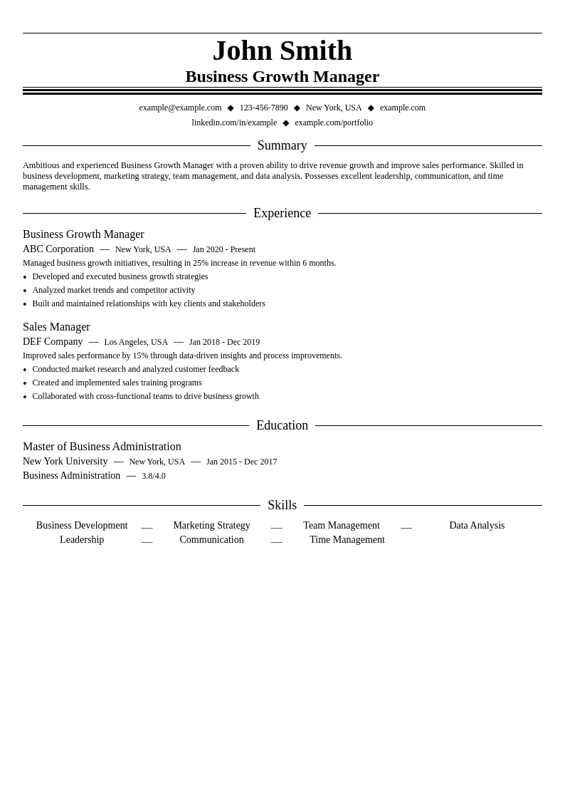 Business Growth Manager resume example