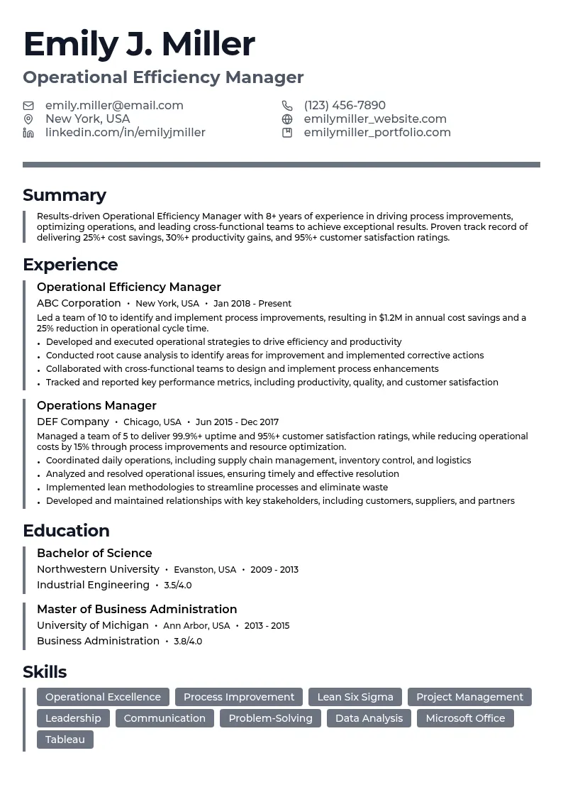 Operational Efficiency Manager resume example