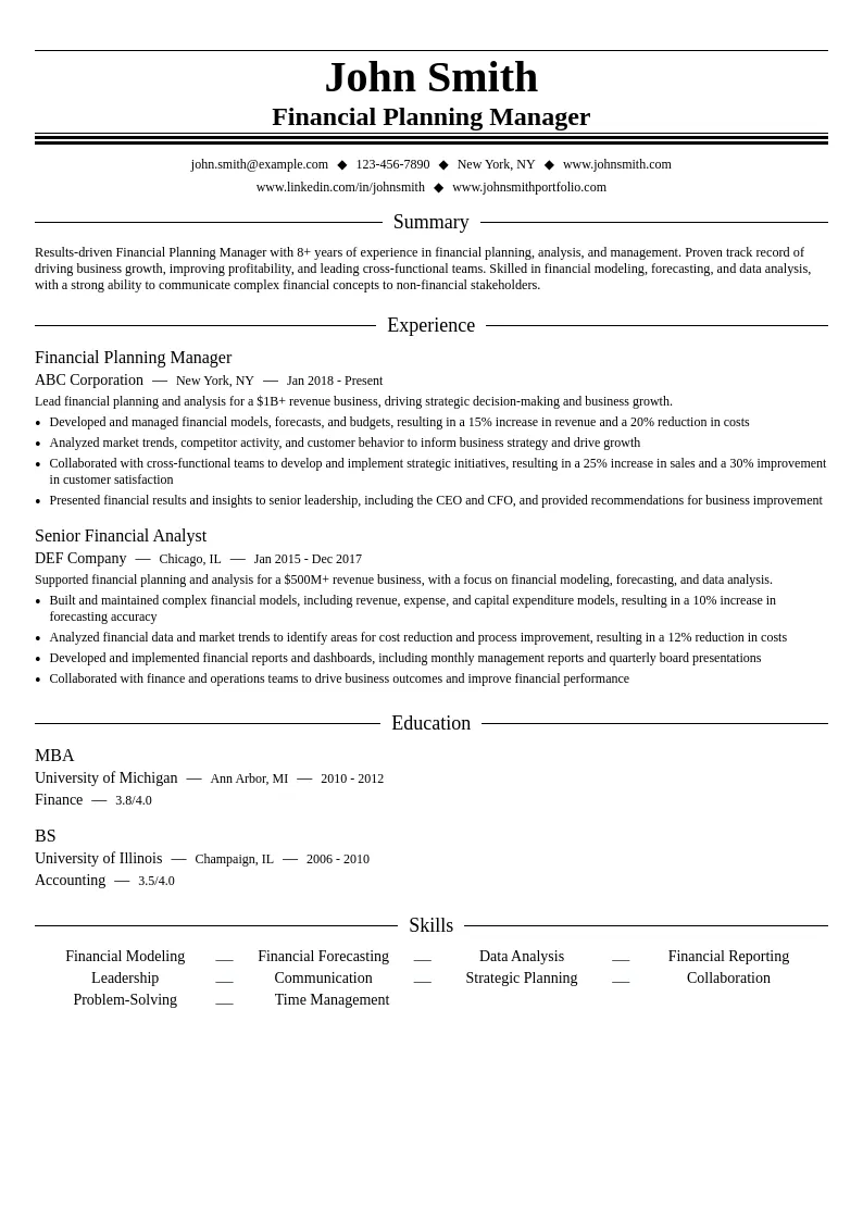 Financial Planning Manager resume example