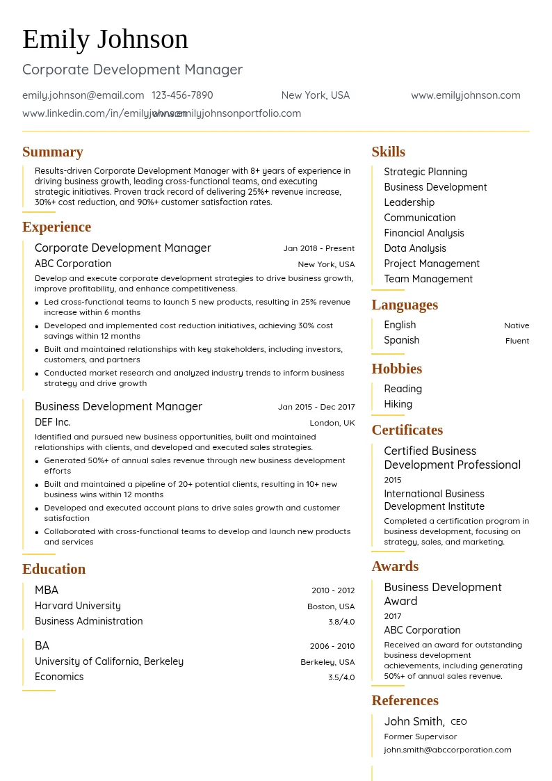 Corporate Development Manager resume example