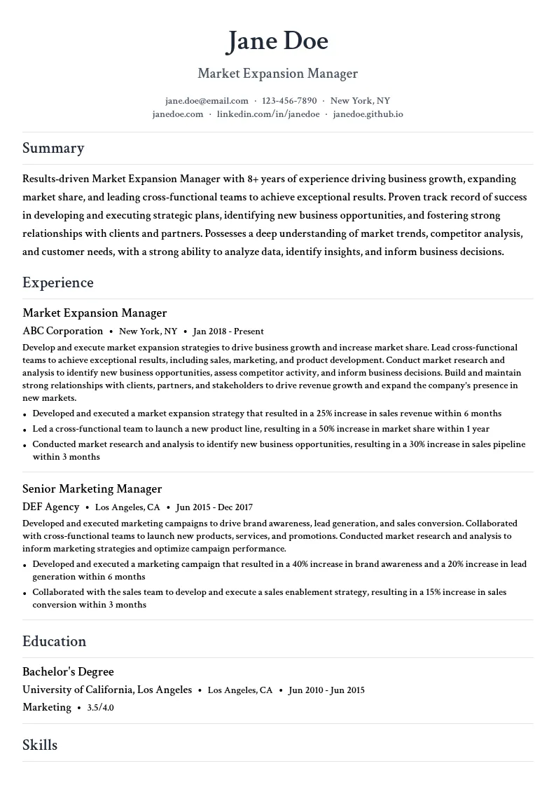 Market Expansion Manager resume example