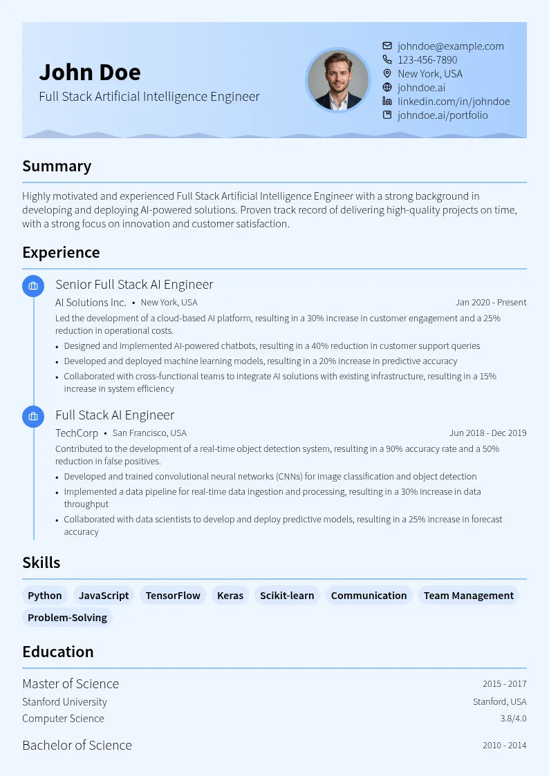 Full Stack Artificial Intelligence Engineer resume example