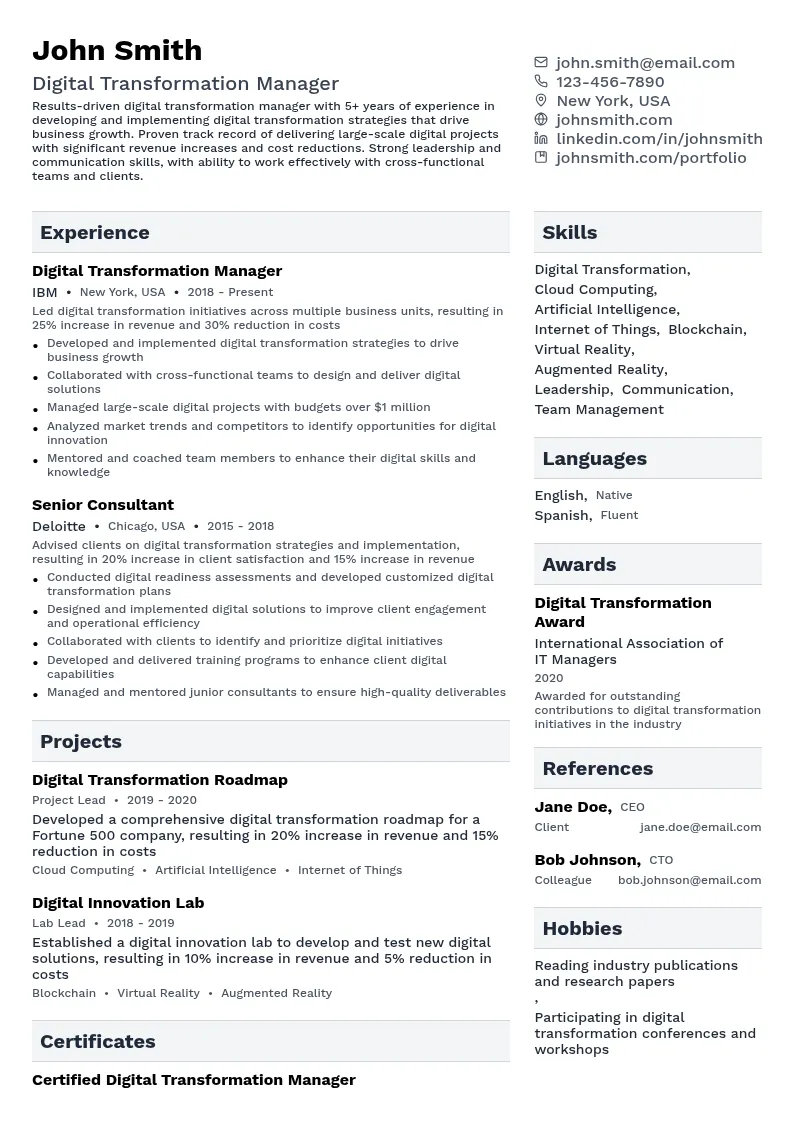 Digital Transformation Manager resume example