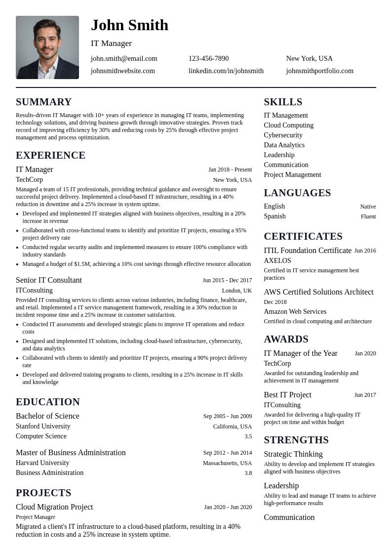  IT Manager resume example