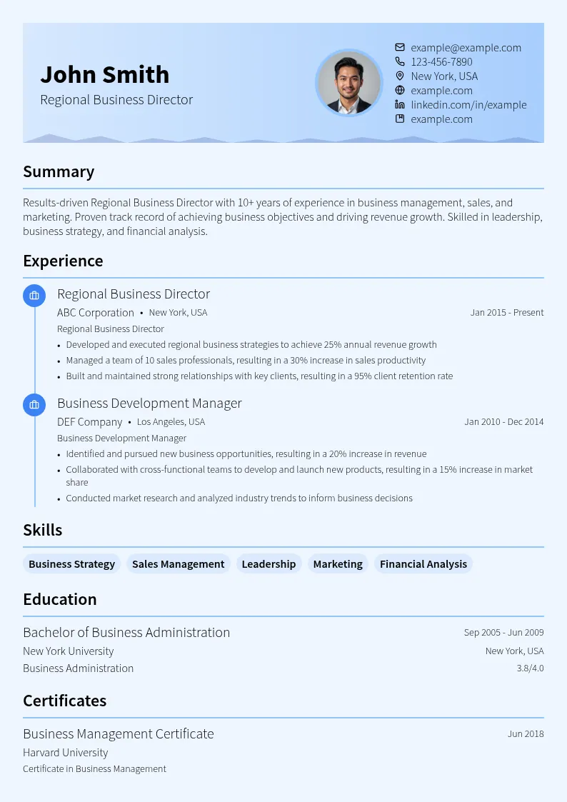 Regional Business Director resume example