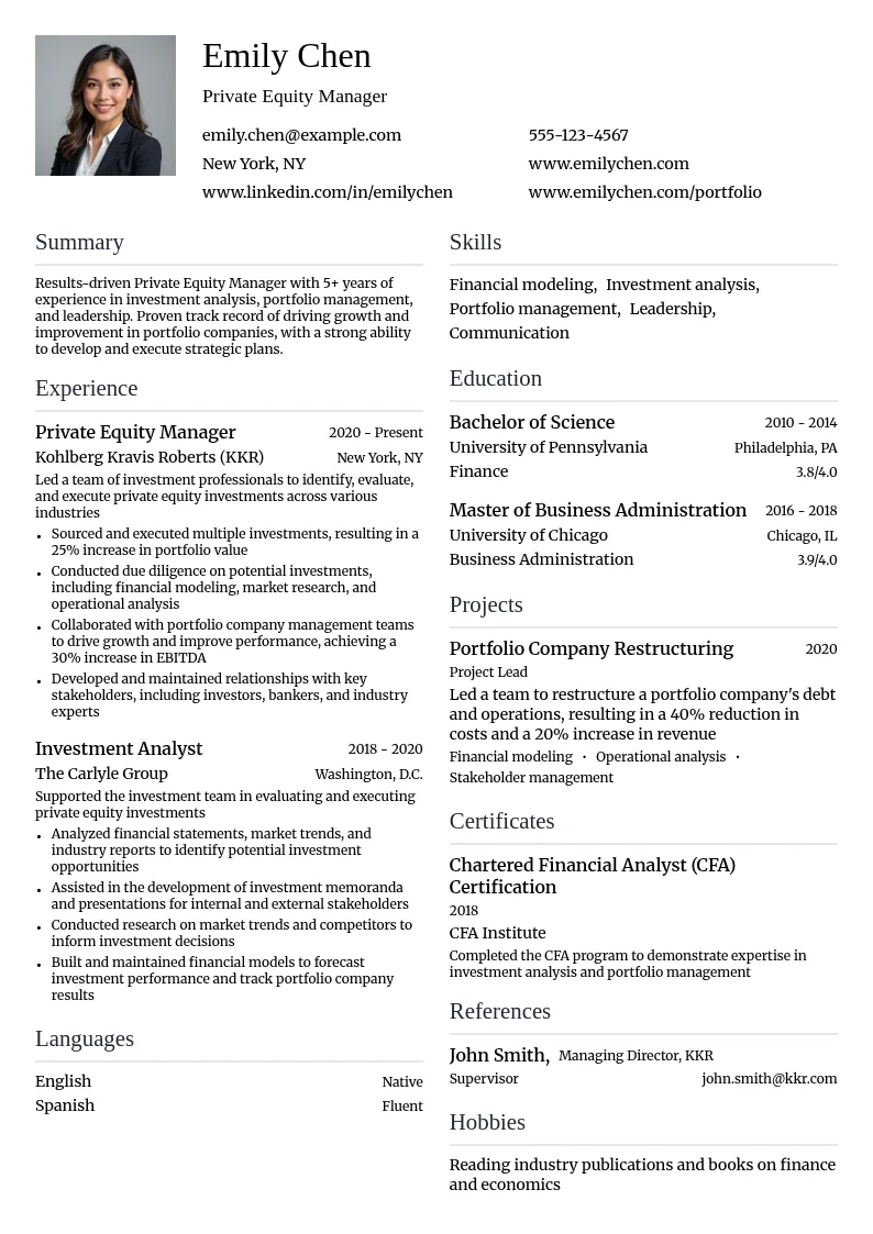 Private Equity Manager resume example