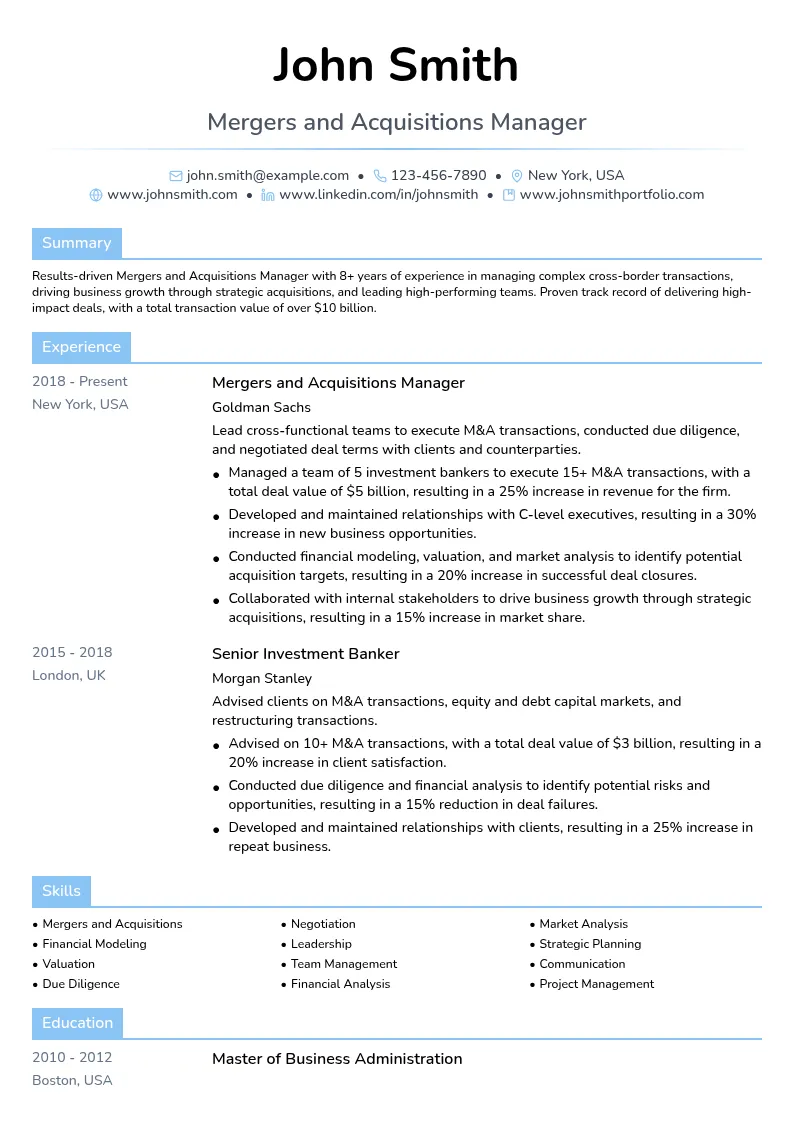 Mergers and Acquisitions Manager resume example