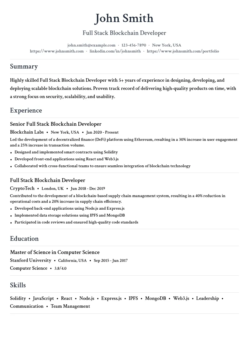 Full Stack Blockchain Developer resume example