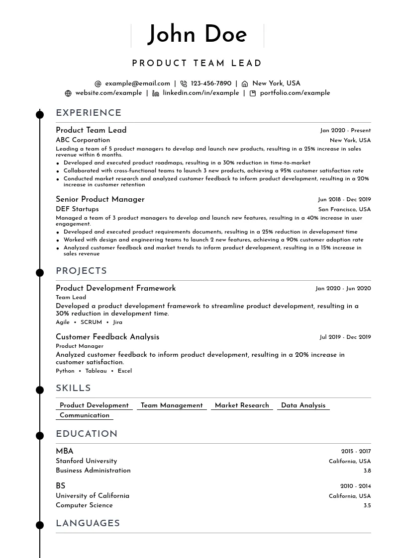 Product Team Lead resume example