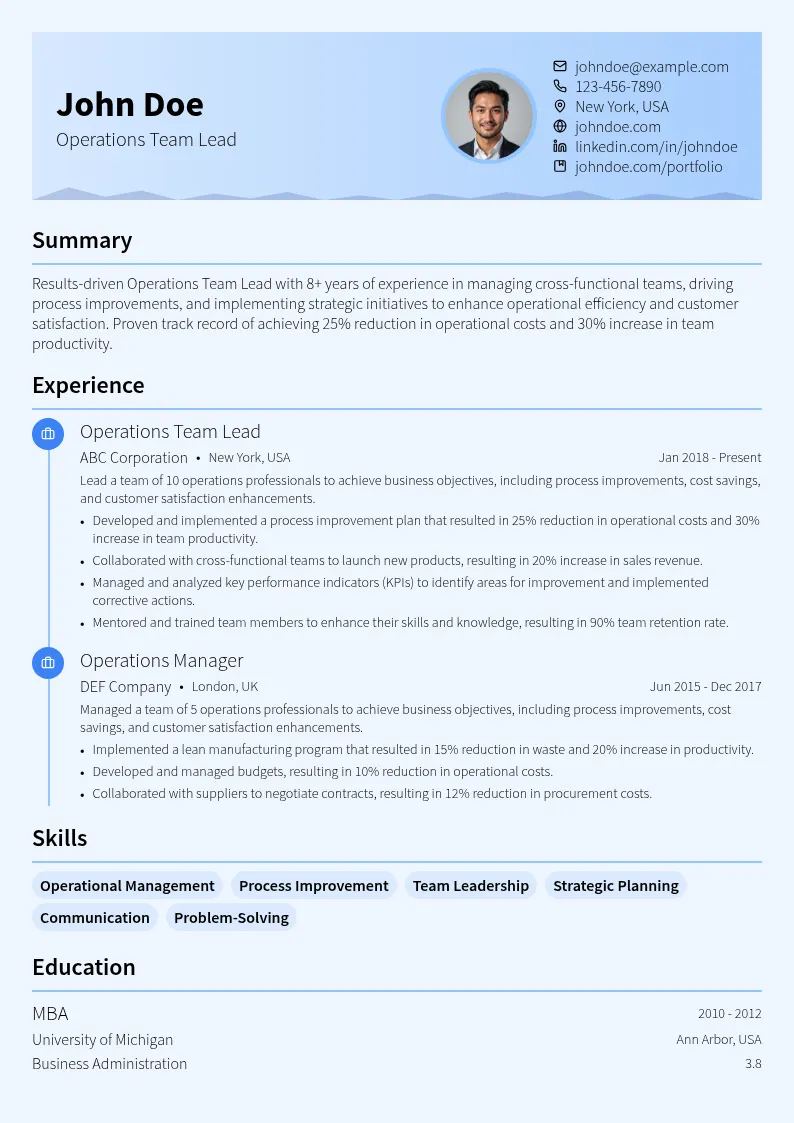 Operations Team Lead resume example