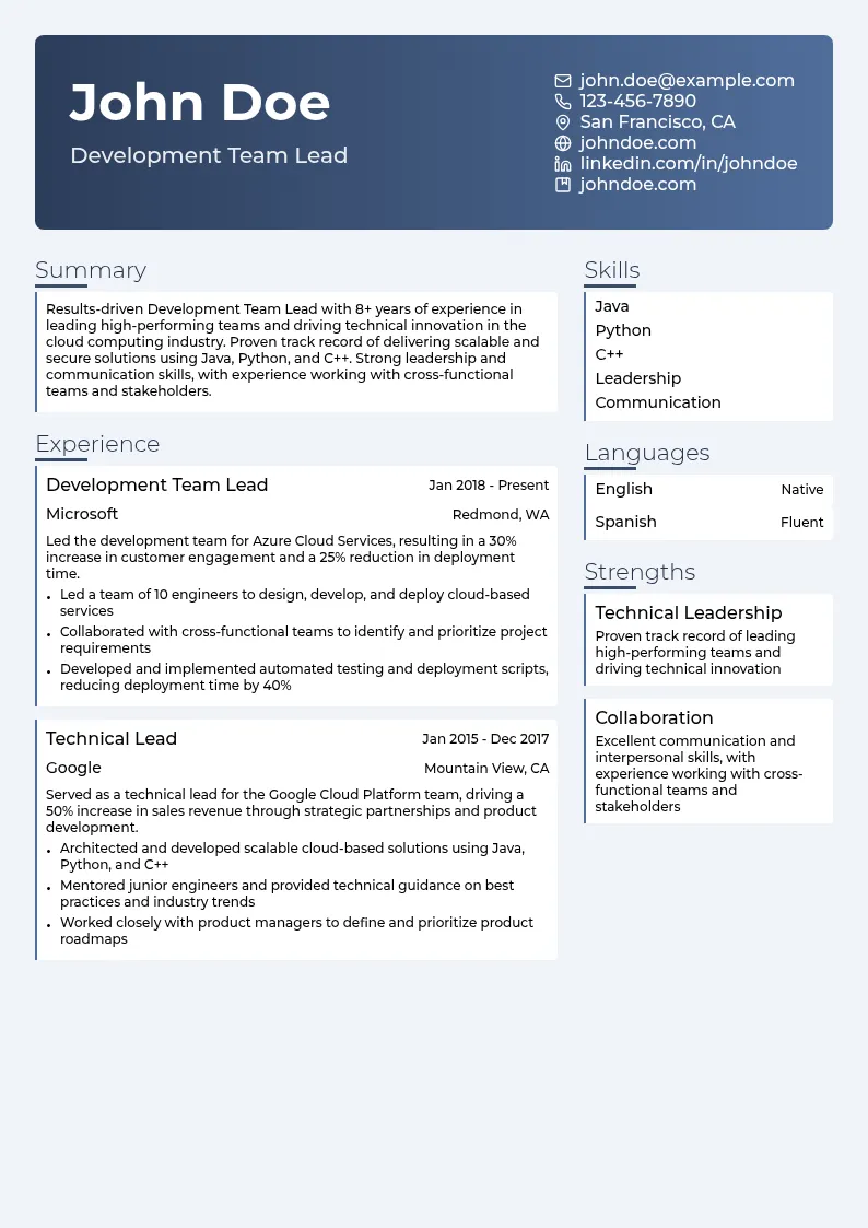 Development Team Lead resume example