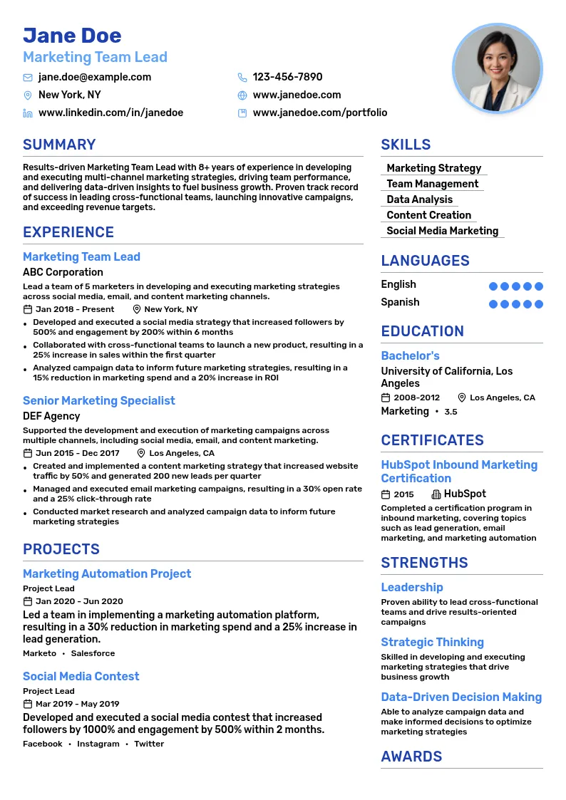 Marketing Team Lead resume example
