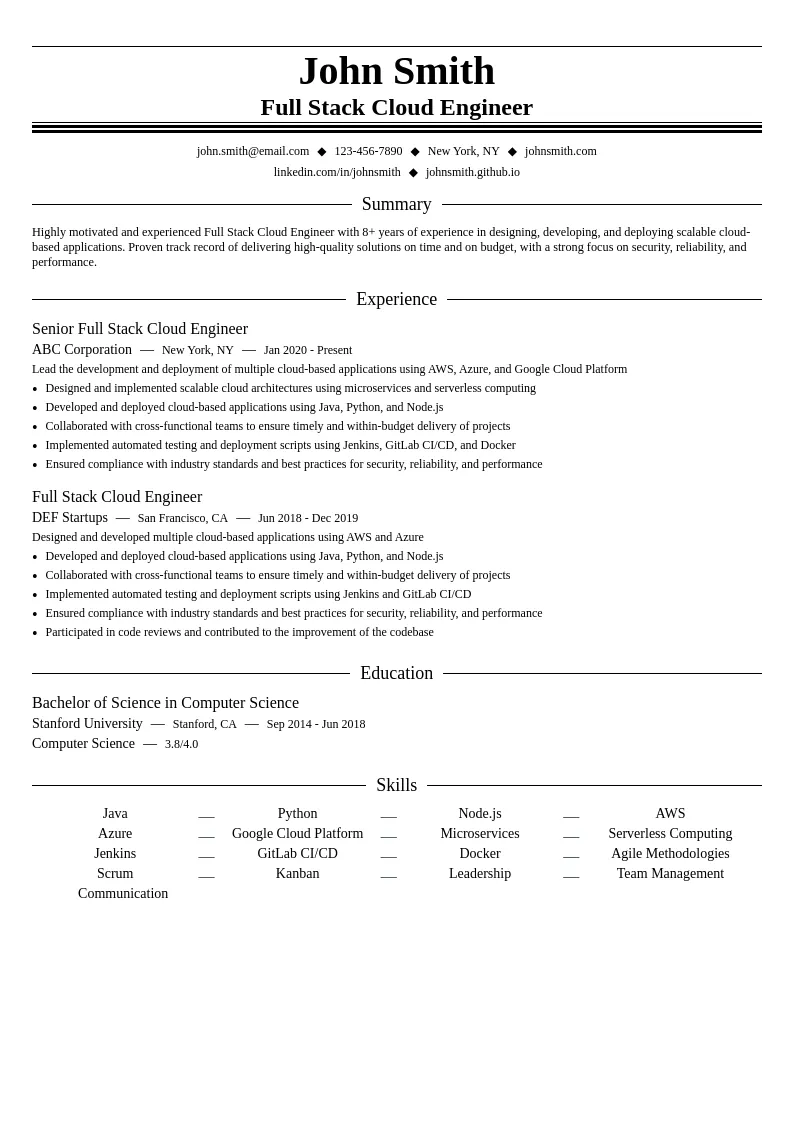 Full Stack Cloud Engineer resume example