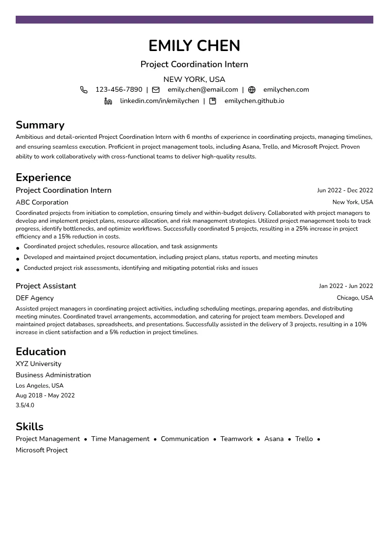 Project Coordination Intern resume example