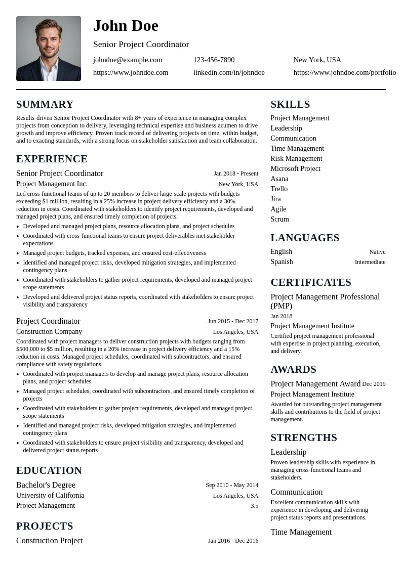 Senior Project Coordinator resume example