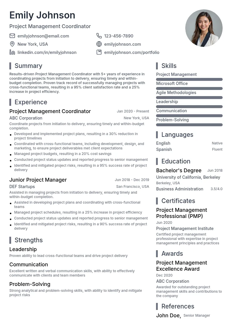 Project Management Coordinator resume example