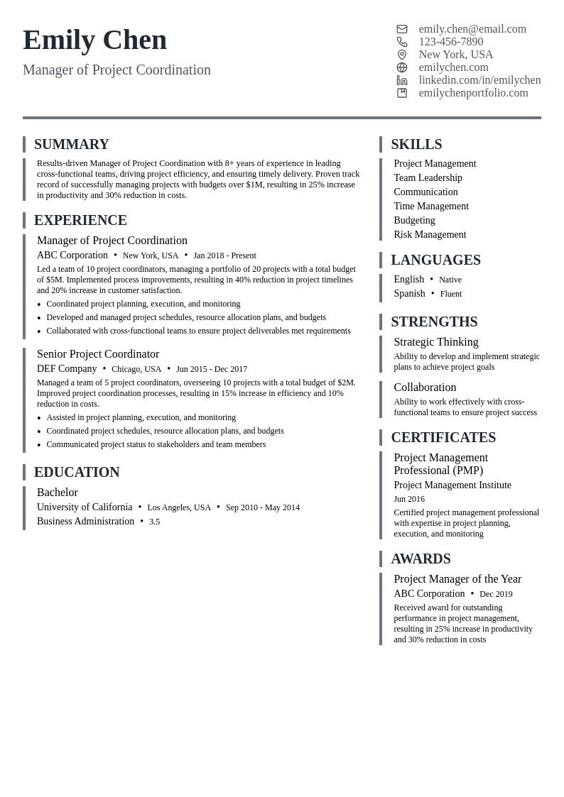 Manager of Project Coordination resume example