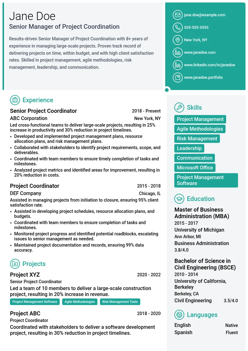 Senior Manager of Project Coordination resume example