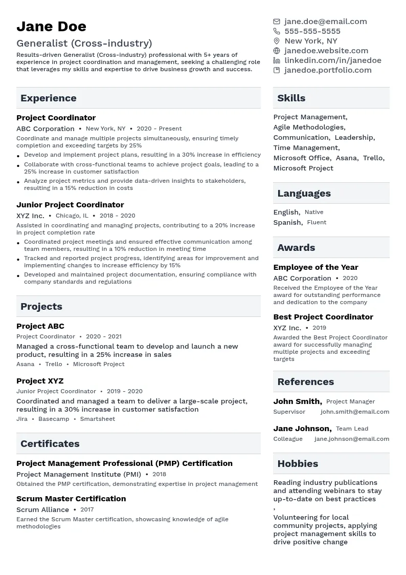 Generalist (Cross-industry) resume example