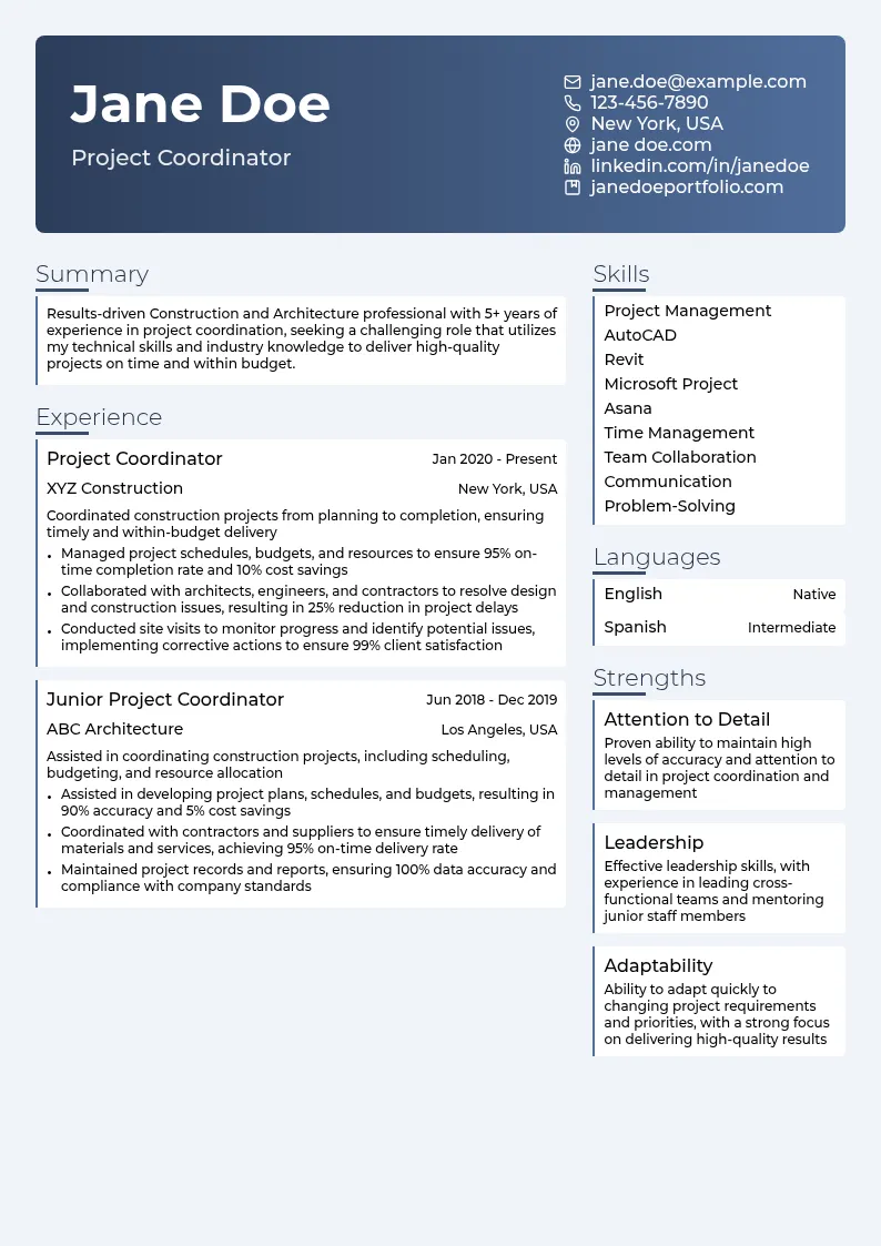 Construction and Architecture resume example