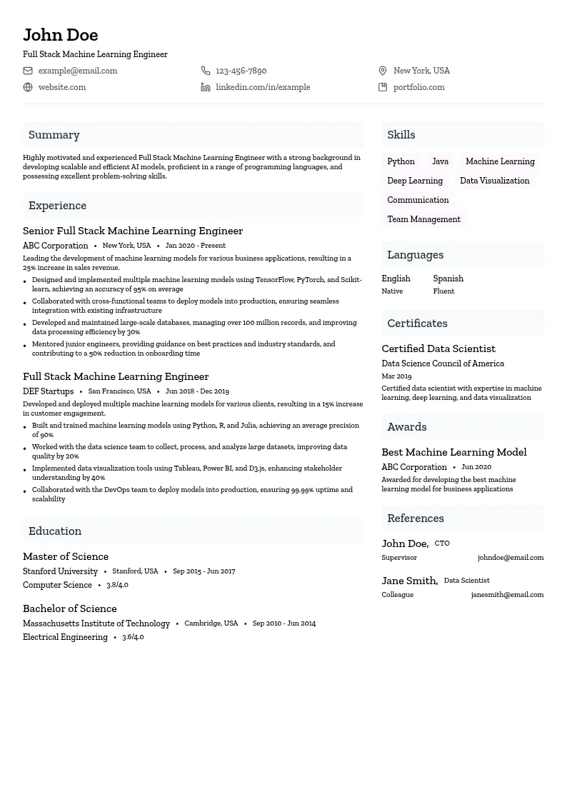Full Stack Machine Learning Engineer resume example