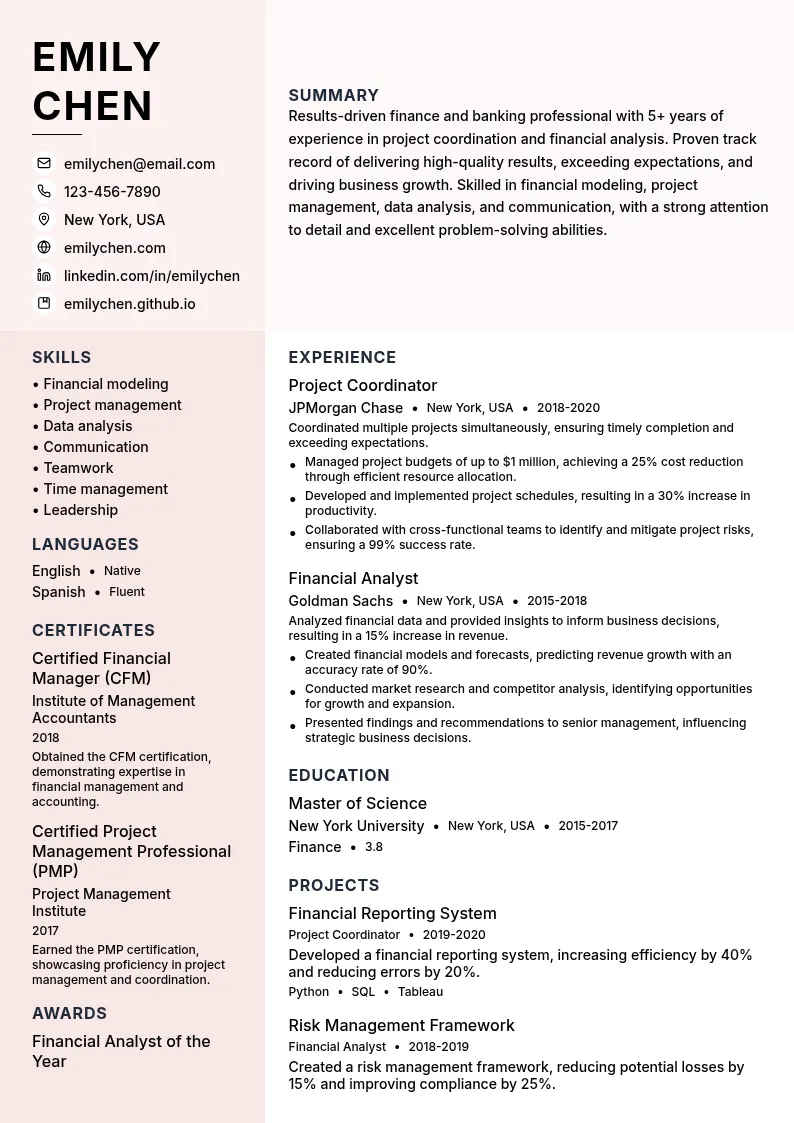 Finance and Banking resume example