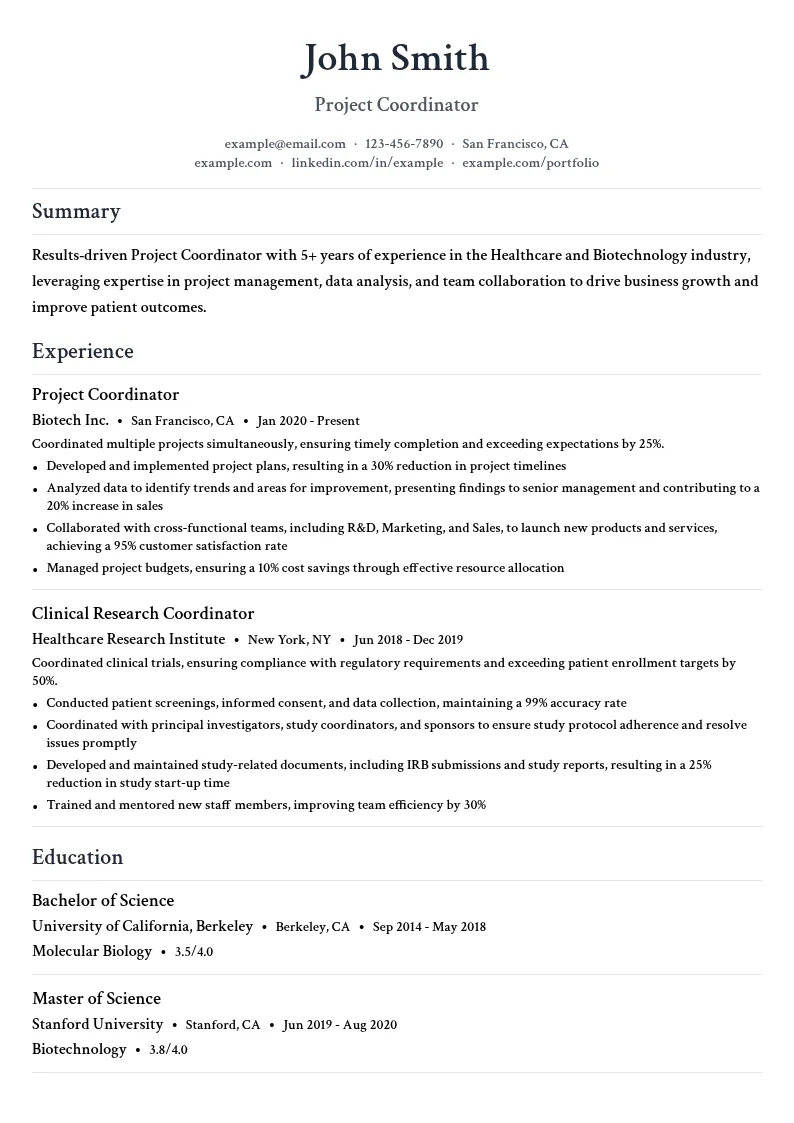 Healthcare and Biotechnology resume example