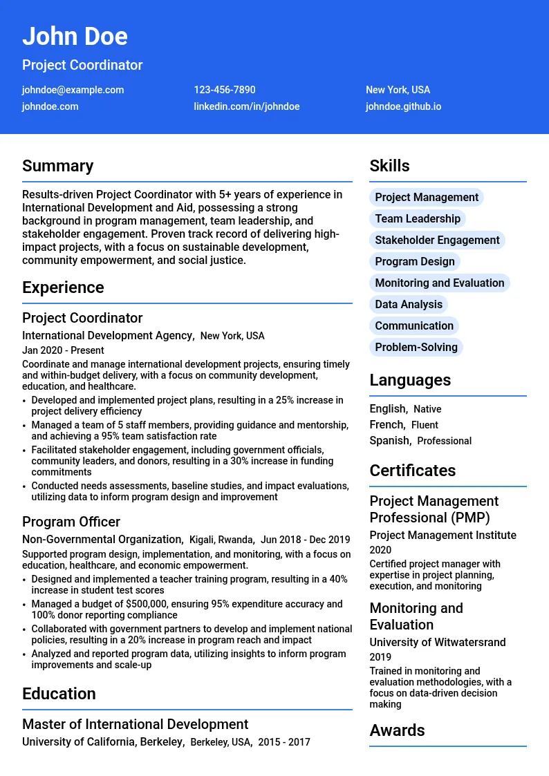 International Development and Aid resume example