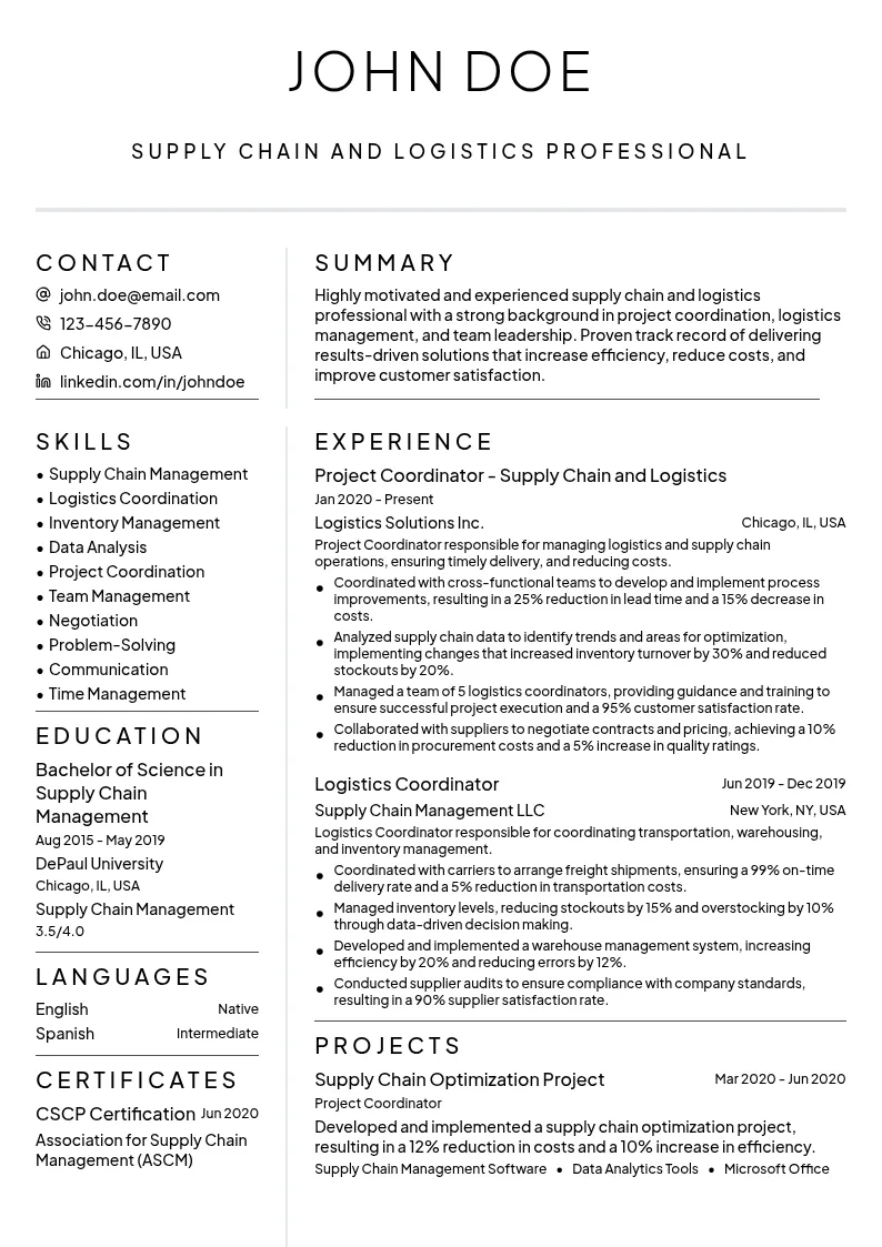 Supply Chain and Logistics resume example