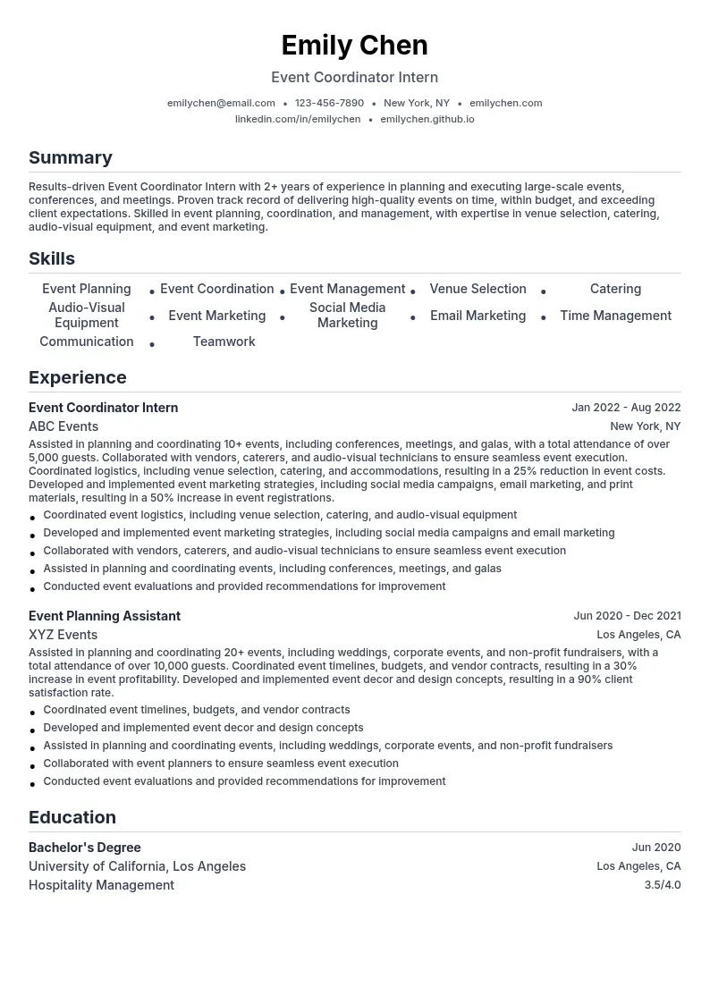 Event Coordinator Intern resume example