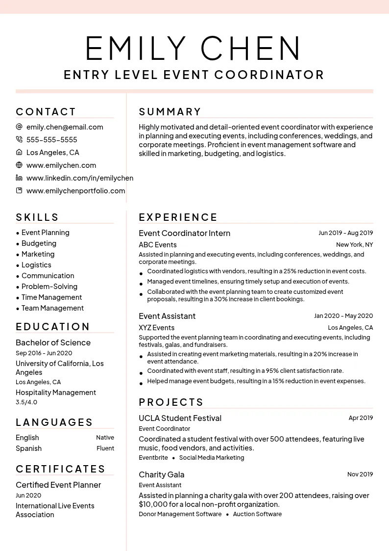 Entry Level Event Coordinator resume example