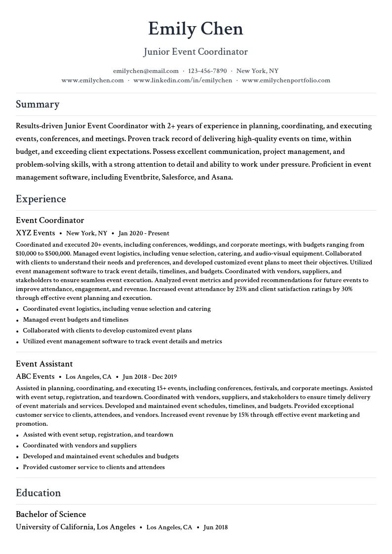 Junior Event Coordinator resume example