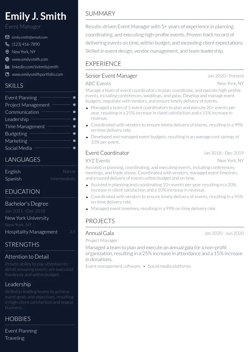 Event Manager resume example