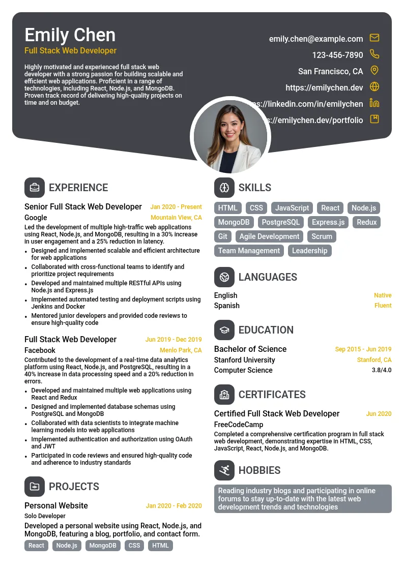 Full Stack Web Developer resume example