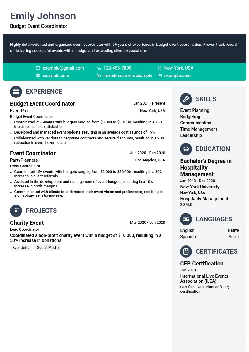 Budget Event Coordinator resume example