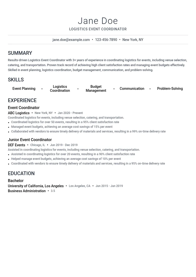 Logistics Event Coordinator resume example