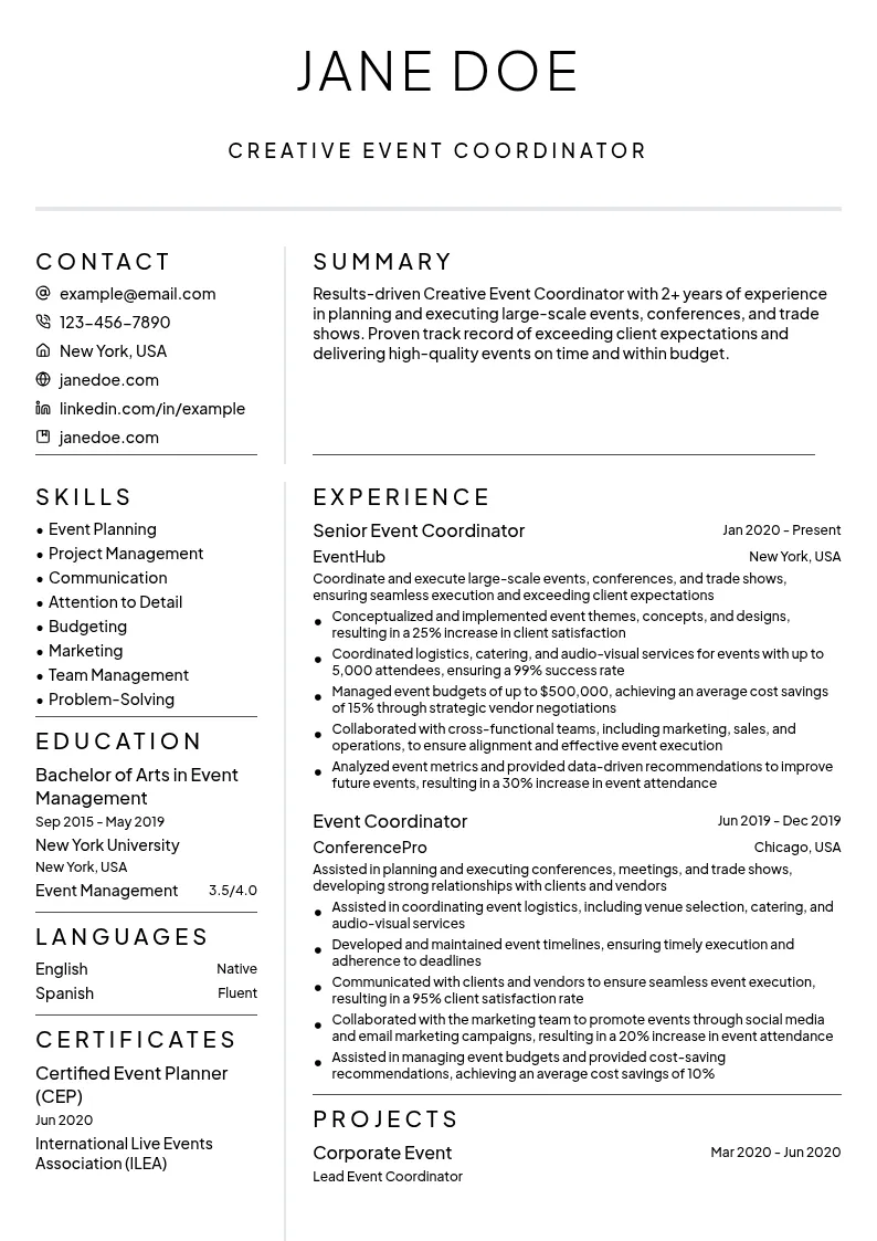 Creative Event Coordinator resume example