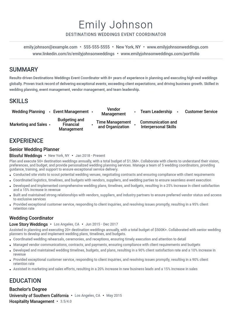 Destinations Weddings Event Coordinator resume example