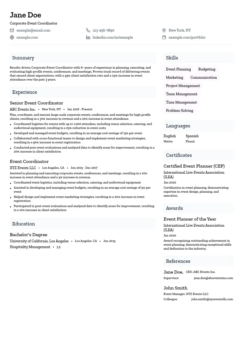 Corporate Event Coordinator resume example