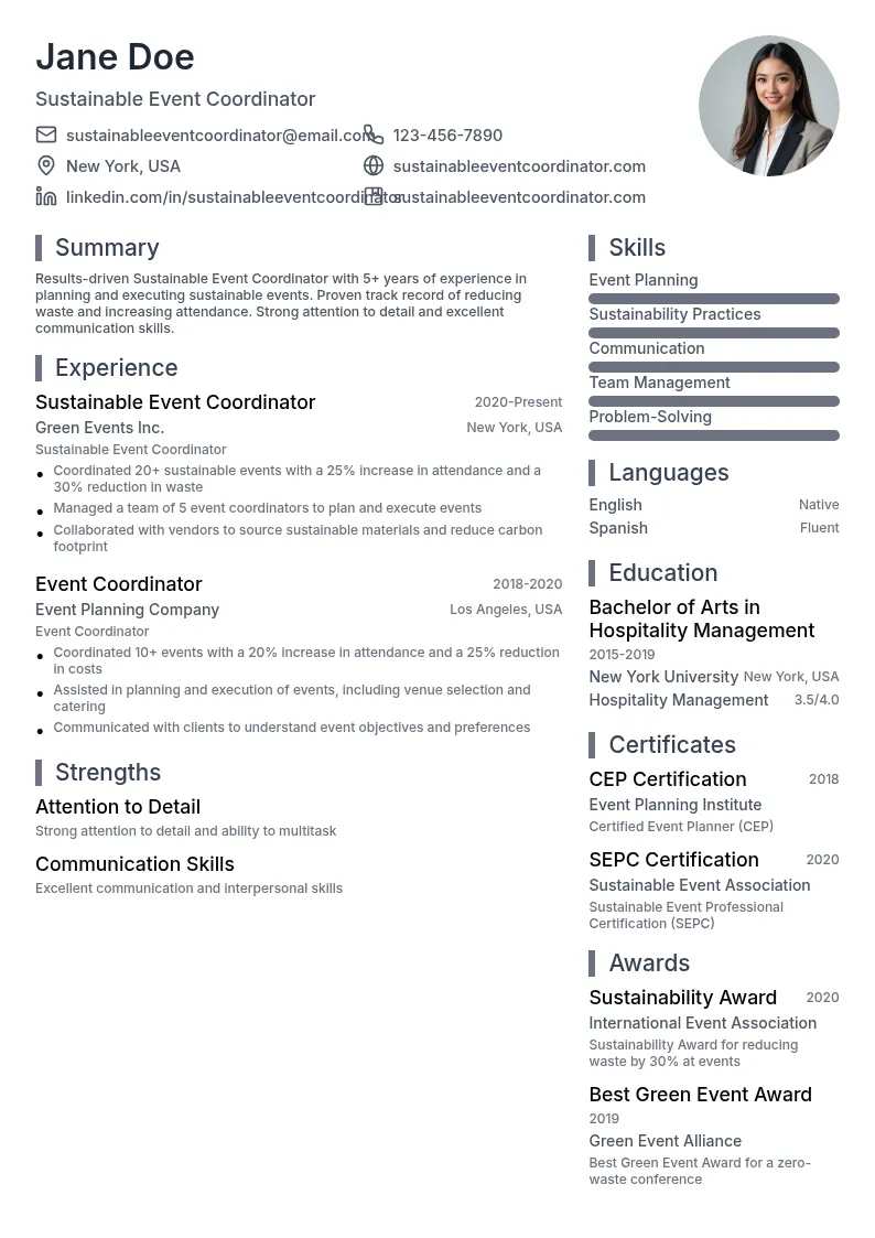 Sustainable Event Coordinator resume example