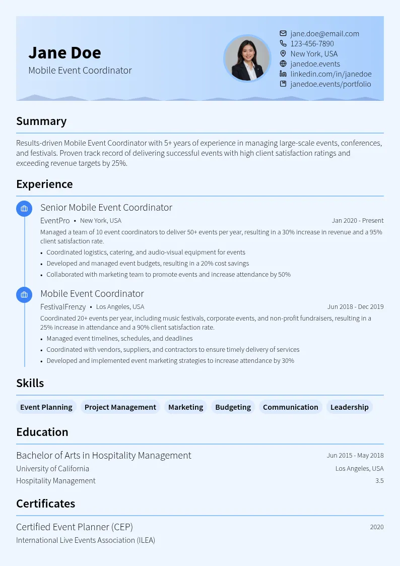 Mobile Event Coordinator resume example