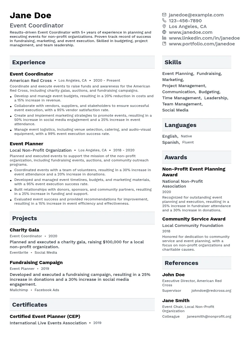 Event Coordinator for Non Profit resume example