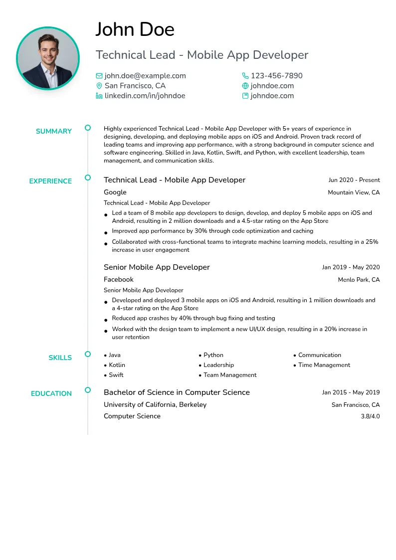 Technical Lead - Mobile App Developer resume example