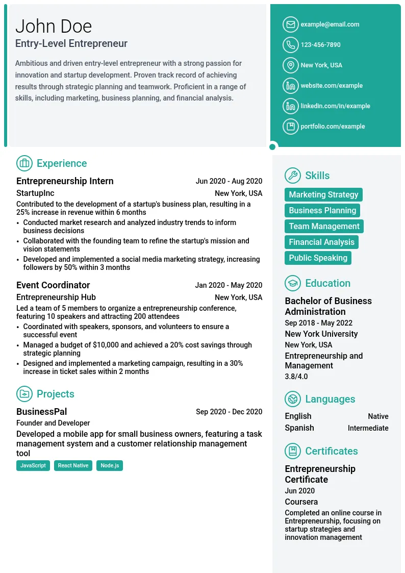 Entry-Level Entrepreneur resume example