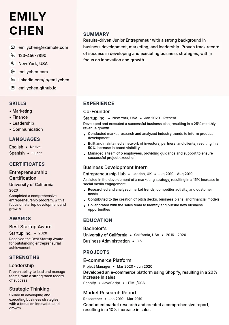 Junior Entrepreneur resume example
