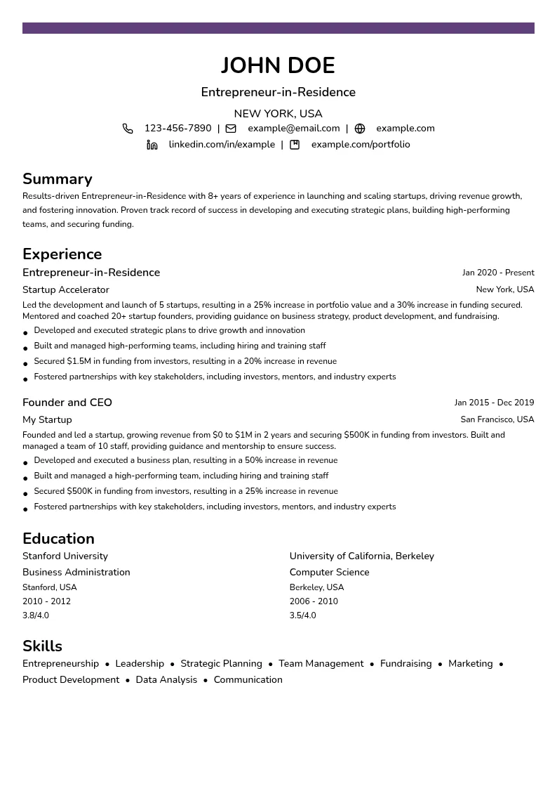 Entrepreneur-in-Residence resume example