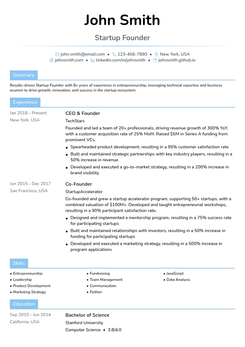 Startup Founder resume example
