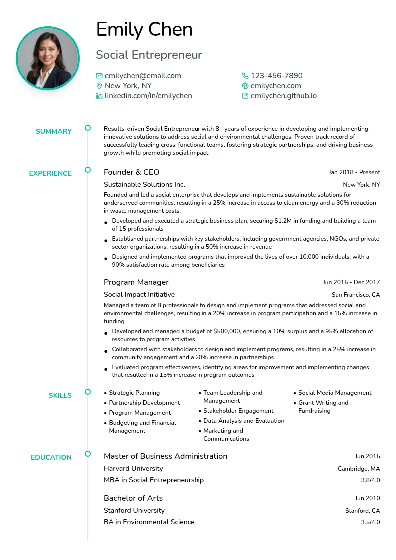 Social Entrepreneur resume example