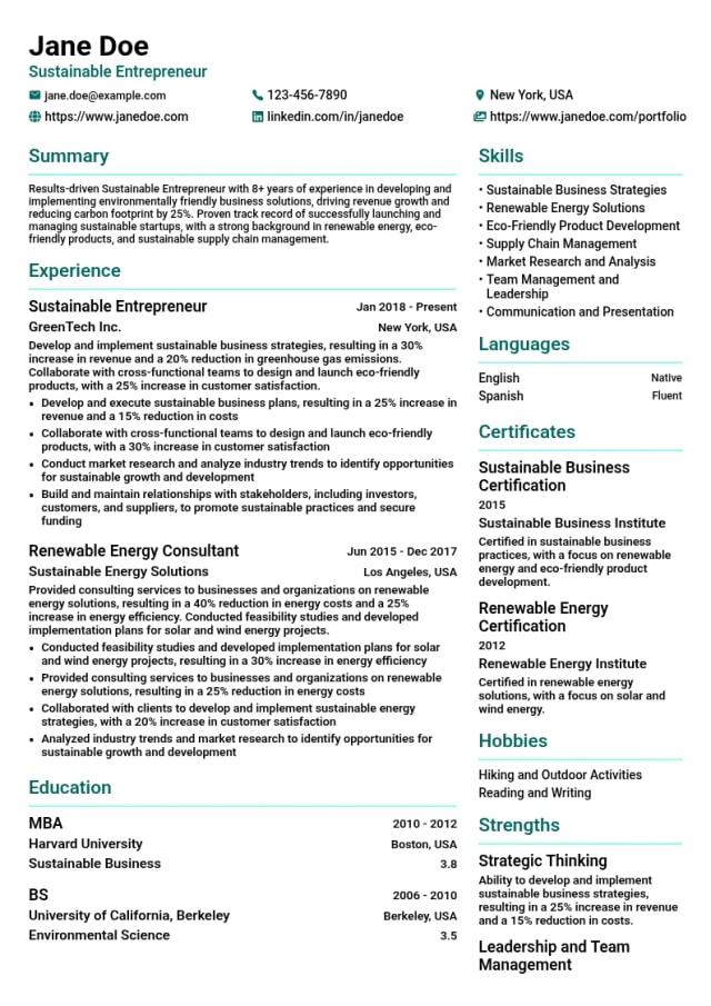 Sustainable Entrepreneur resume example